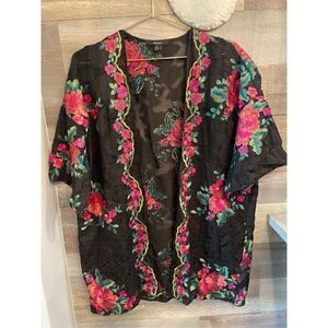 Forever 21 black lace floral embroidered hip length kimono topper size medium vi